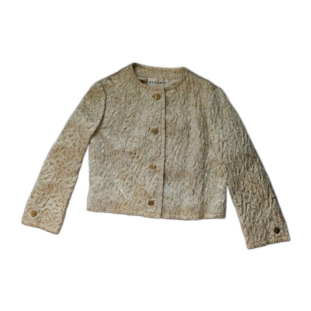 VTG Dynasty Gold Brocade Jacket Floral Metallic Button Front Hong Kong Womens 12